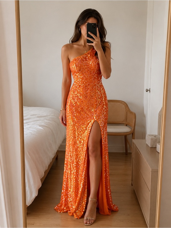 Dresses & Skirts - Crystal Doll Glamorous One Shoulder Sequin Evening Gown Orange Size US 0